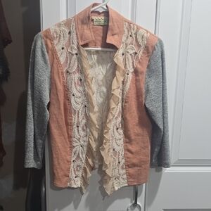 Gimmicks by BKE Peach and Gray Lace Cardigan